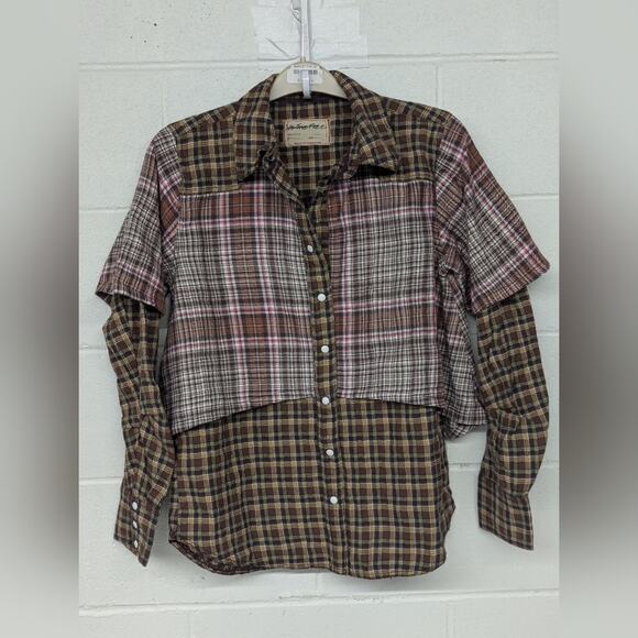 New We The Free Boyfriend Plaid Shirt XS brown combo LAYER IT UP flannel top - Picture 3 of 9